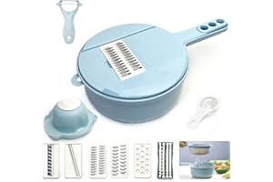 ODIWEN 12-IN-1 Multifunktion Werkzeug zum Schneiden von Gemüse, Reibe mit Behälter, Gemüsehobel, Gemüseschneider, Handreibe Hobel, Kartoffelschneider,Obstschneider,Gurkenhobel für Gemüse Obst (Blau)