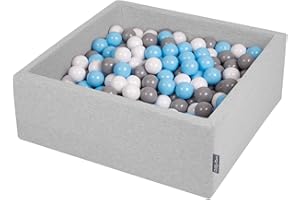 KiddyMoon 90X30cm/200 Balls ∅ 7Cm / 2.75In Square Baby Foam Ball Pit Made In EU, Light Grey:Grey/White/Babyblue