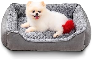 Oiilores Small Dog Bed, Washable Dog Sofa Bed, Calming Anti-Anxiety Pet Beds with Non-Slip Bottom, Soft Plush Rectangle Dog Beds for Small Dogs, 60x45cm, Grey