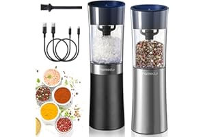 Parmedu Elektrische Salz und Pfeffermühle Set: 2er Salz und Pfefferstreuer elektrische Salzmühle Gewürzmühle wiederaufladbar mit Schwerkraft-Sensor, einstellbarer Feinheit, LED, 100ml große Kapazität