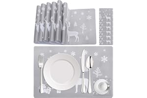 Hylzo Tischsets Weihnachten,Tisch Platzset Abwaschbar PVC Wasserdicht Und rutschfest Matten Rechteck Deko Modern Tischsets Schmutzabweisend Osterplatzdeckchen Party 6Er Set Platzset Grau
