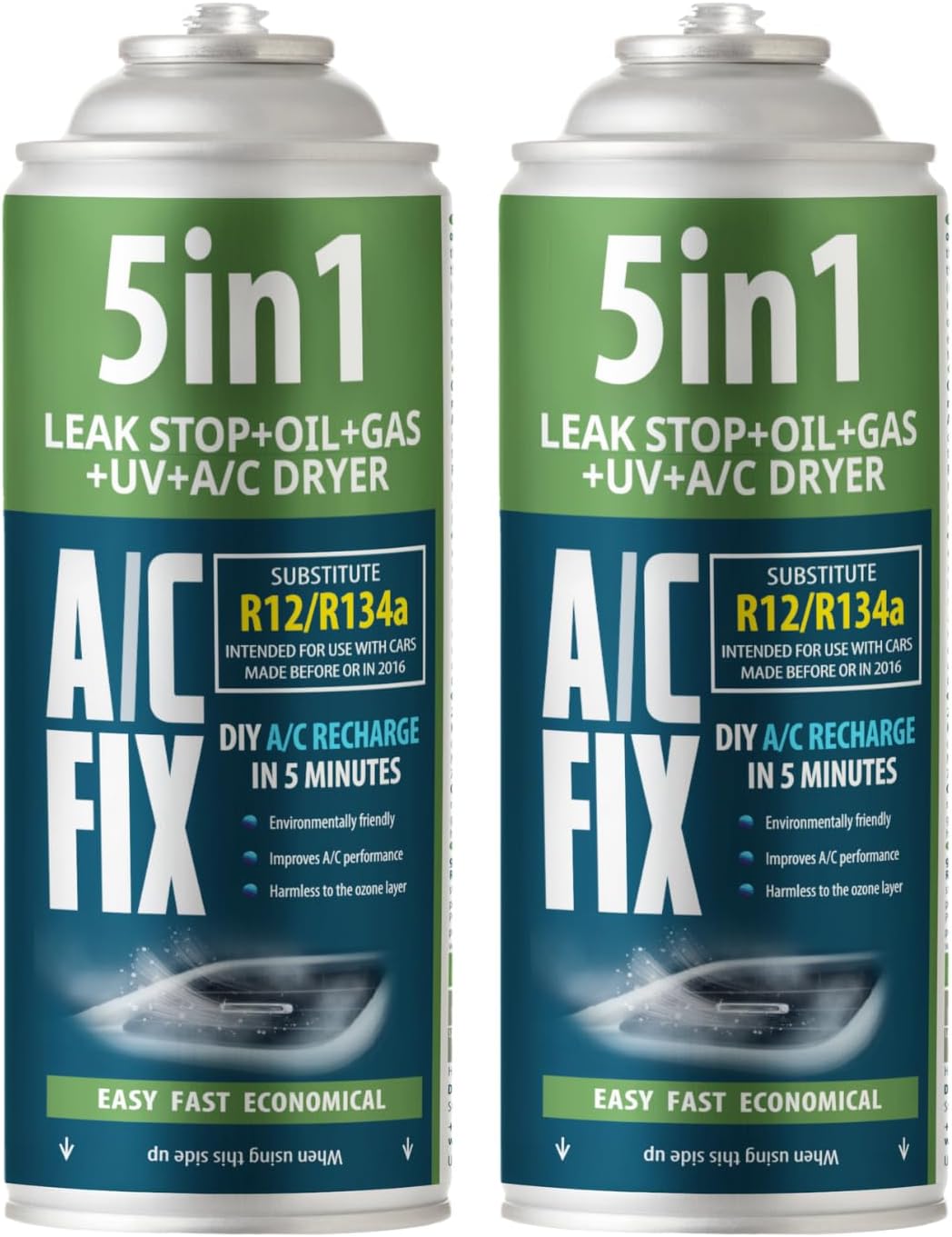 AC FIX 5-in-1 – R134a x 2 470g Refrigerant for Car Air Conditioning with Oil, Sealant, UV Dye, Desiccant – Quick Application – Protects the Compressor