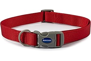 Ancol Viva Adjustable Dog Collar in Red - Lightweight Weatherproof Quick Fit Nylon Collar - Size 2-5 / Medium Fits Neck 30-50cm