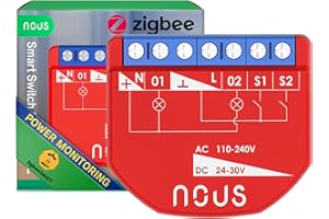 NOUS Module Interrupteur Intelligent ZigBee avec Mesure de Puissance, 2 Canaux, AC 16A/DC 10A, 3.0 Hub Requis, Compatible avec Alexa, Zigbee2MQTT, Google Assistant, Home Assistant, Tuya
