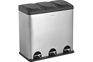 Homra Mülleimer Küche Maxer | Mülltrennsystem 60l | Mülleimer 3 Fächer | Edelstahl Mülltonne 3x20l | Abfalleimer Küche | Treteimer 3 Inneneimern | Tretmülleimer Recyclingeimer | Papierkorb | Edelstahl
