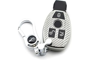 M.JVisun Soft Carbon Fiber Finish Car Key Fob Cover For Mercedes-Benz A Class B C E S G M V Class CLA CLS GLA GLC GLE GLK GL GLS SL SLK SLC Viano For Metris TPU Case With Metal Keychain - Silver