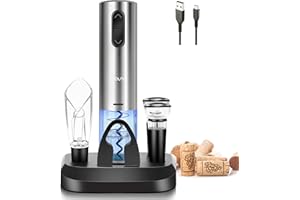 Flauno Cavatappi Elettrico per Vino - Apribottiglie Elettrico con Base di Ricarica, Taglia-Capsula, Tappo Sottovuoto per Vino, Versatore per Vino, Set Regalo per Amanti del Vino (Argento)