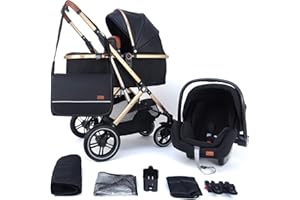 Pixini Passeggino Trio Lania, 3 in 1 Carrozzina Ovetto Pieghevole, Accessori, Bambini (Oro/Nero 10" ruota)