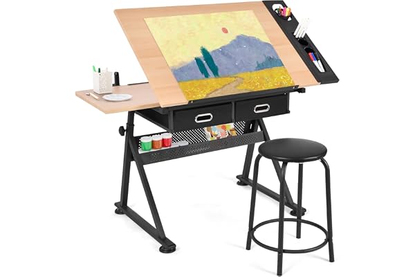 GOPLUS Ritbord höjdjusterbar, skrivbord lutning, arkitektbord med pall, skolskrivbord, kontorsbord (natur)