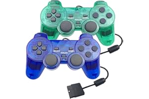 HOVLIAN JINHOABF - Paquete de 2 controladores con cable PS2, doble choque compatible con consola Playstation 2 (azul transparente y verde transparente)
