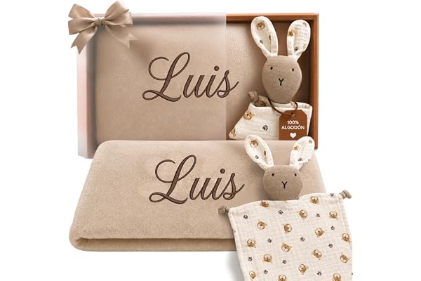 Dalvitas Manta Bebé Personalizada Bordada con Nombre + Doudou 100% Algodón - Pack Regalo Recién Nacido Niño Niña - Set Canastilla Extrasuave y Ligera para Entretiempo