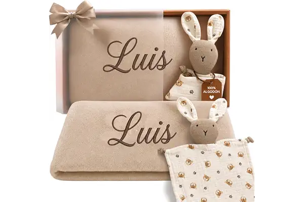 Dalvitas Manta Bebé Personalizada Bordada con Nombre + Doudou 100% Algodón - Pack Regalo Recién Nacido Niño Niña - Set Canastilla Extrasuave y Ligera para Entretiempo