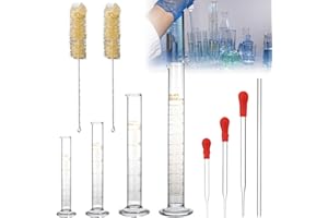 LEIKURVO Lot de 10 cylindres gradués en verre épais avec 4 cylindres gradués 5 ml/10 ml/50 ml/100 ml, 3 pipettes en verre, 1 tige en verre, 2 brosses pour tube à essai pour laboratoire, nourriture, recherche,