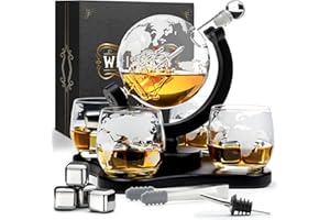 WHISISKEY Zestaw Karafka do Whisky - Zestaw Prezentowy Whiskey - Prezenty dla Mężczyzn - Pomysły na Prezent dla Mężczyzny - Kulista Karafka 900ML, 4 Szklanki do Whisky, 4 Kamienie do Whisky