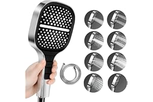 AQUOTA Shower Head and Hose Set,Handheld Square Shower Head 8 Spray Models Universal Water Saving Single Hand Adjustable Bathing 1.5m Hose