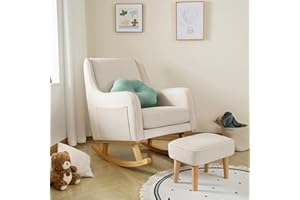 Babymore Ida Nursing Chair with Footstool in Ivory - Elegant Rocking Chair for Timeless Comfort With Sturdy Wooden Legs, Gentle Rocking Motion, Supportive Back, Soft Fabric & Stylish Armrests
