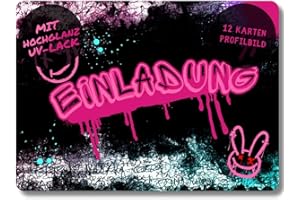 ‎CELEBR8TE celebr8te 12x Graffiti Einladungskarten - Für den Kindergeburtstag von Mädchen - pinke Neon Graffiti Geburtstagseinladungen inkl. Messenger Bild & Urlaubsgutschein