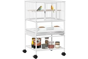 Pawhut Jaula para Pájaros Jaula Grande con Ruedas Paneles Acrílicos Comederos Perchas Estante Bandejas Extraíbles Pajarera para Loros Canarios 48x46x83 cm Blanco