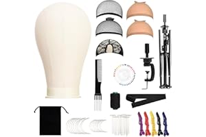 TwoWin Canvas Mannequin Head with 160cm Adjustable Tripod Stand - 23 Inch Styling Manikin Head for Wigs Display, Hairdressing Training Set with Wigs Making Caps, T+C Pins Set