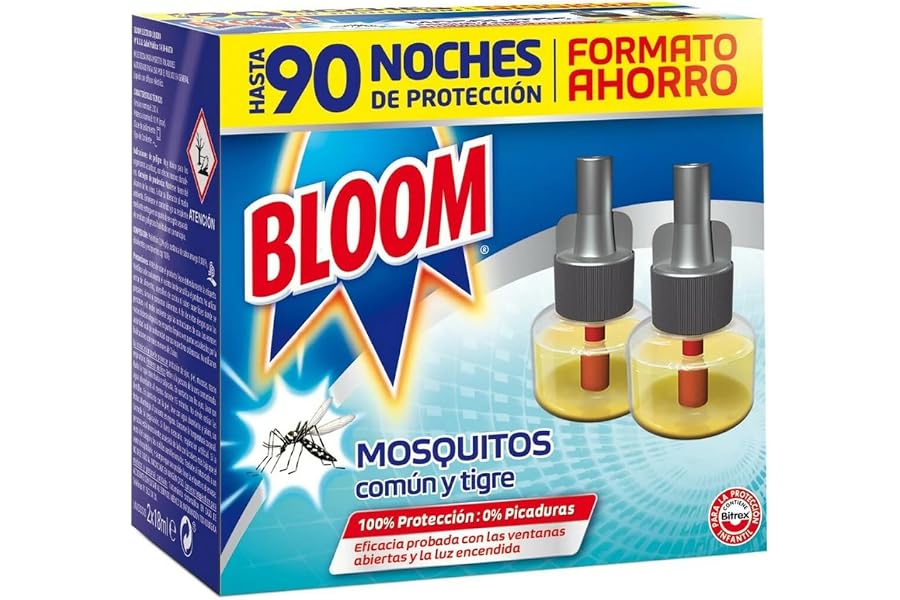 Bloom Líquido (pack de 2 recambios), insecticida eléctrico para mosquitos común y tigre, antimosquitos con 90 noches de prote