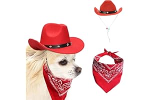 Ling & Bai 2Pcs Dog Cowboy Hat Costume Pet Cap and Bandana Scarf Cosplay West Decoration Accessories for Party Halloween Festival (Red)