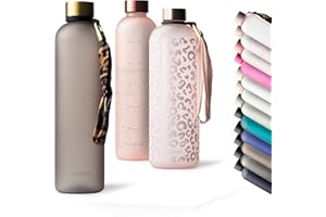 MAMEIDO Gourde 1 l, Bouteille d'eau Design Plastique avec Marqueur de Temps de Motivation, sans BPA, étanche (Urban Taupe Gold)