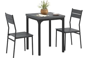 HOMCOM 3 Pieces Compact Dining Table 2 Chairs Set Wooden Metal Legs Bistro Cafe Kitchen Breakfast Bar Home Furniture, Grey Wood Grain