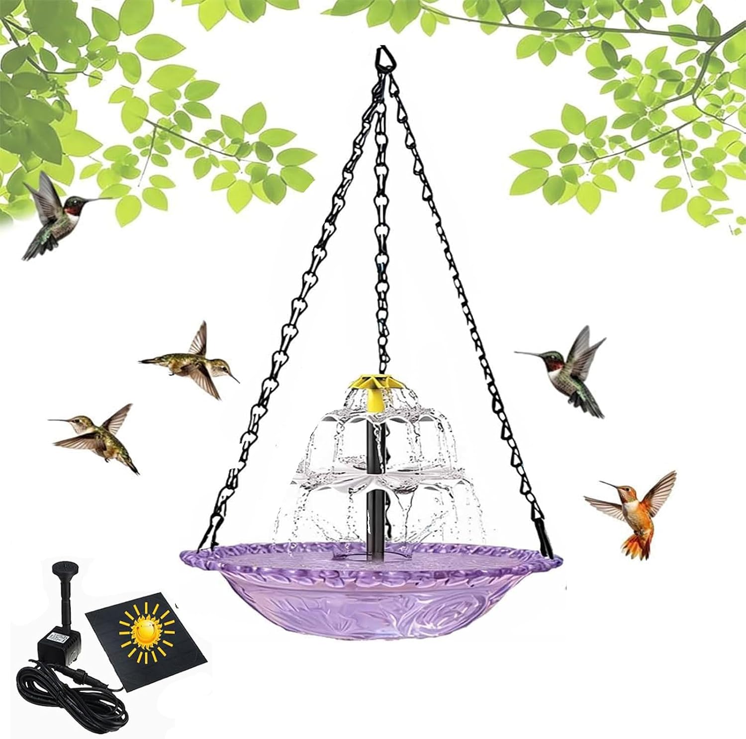 Solar Cascade Hanging Bird Bath Fountain, Outdoor Hanging Birdbath with Solar Fountain, Hummingbird & Bird Baths, Automatic Outdoor Feeder Attract Wild Birds & Hummingbirds (PURPLE)