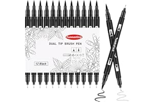 Funnasting Felt Tip Pens, 12 Pack Black Markers Colouring Pens, Dual Tip Brush Pen for Adults, Fineliners Drawing Pen for Art Drawing Sketching