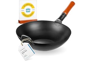 YOSUKATA Woks Et Poêles à Frire 34 cm à Fond Plat Pré-assaisonné Chinois Traditionnel - Wok Acier Carbone Noir Pour Induction, Plaques Électriques, Gaz, Feu Ouvert - Pour Sauté, Barbecue et Camping