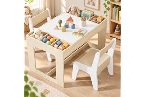Clevich Set med träbord och 2 stolar med förvaringsutrymme och vändbar bordsskiva, aktivitetsbord för barn för att äta, hantverk och leka, barns skrivbord för barnrum, skola, daghem