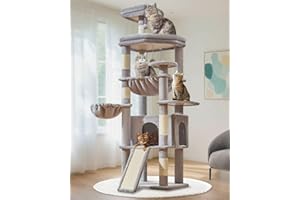 Taoqimiao Tiragraffi per Gatti, 183cm Stabile Tiragraffi per Gatti Adulti xxl con Accogliente Grotte, Amaca, Piattaforma extra large, cestino Sospeso, 5 Pali Graffiatoi MS045W Grigio Chiaro