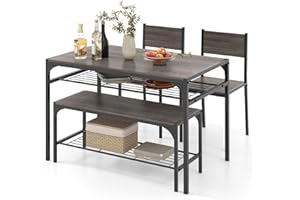 TANGZON Dining Table and 2 Chairs with Bench, Wooden Kitchen Table and Chairs Set of 4 with 2 Storage Racks, Metal Frame Dining Room Sets Furniture for Home Living Room Restaurant (Grey Oak)