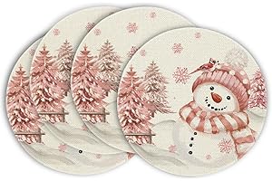 ‎ARTOID MODE Artoid Mode Rosa Schneemann Weihnachten Runde Platzsets 4er Set, 37cm Winter Xmas Tischset Platzdeckchen Küche Party Deko