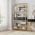 HOCSOK Book Shelf, 5 Tier Bookcase with Metal Frame and 2 Drawers, Wooden Bookcase Storage Cabinet for Office, Study, Hallway, Kitchen