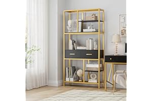 HOCSOK Nowoczesny regał na książki, 5 poziomów, ze złotą metalową ramą i szufladami, drewniana szafka do przechowywania w domu i biura (czarny + złoty)