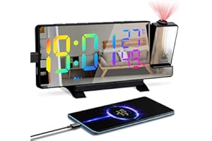 Auniq Projection Alarm Clock with 180° Projector, 7.2" LED Digital Alarm Clock with FM Radio, RGB Mirror LED Bedside Clock with Snooze, Temperature & Humidity Display, 12/24H, Dual Alarm, 5 Brightness