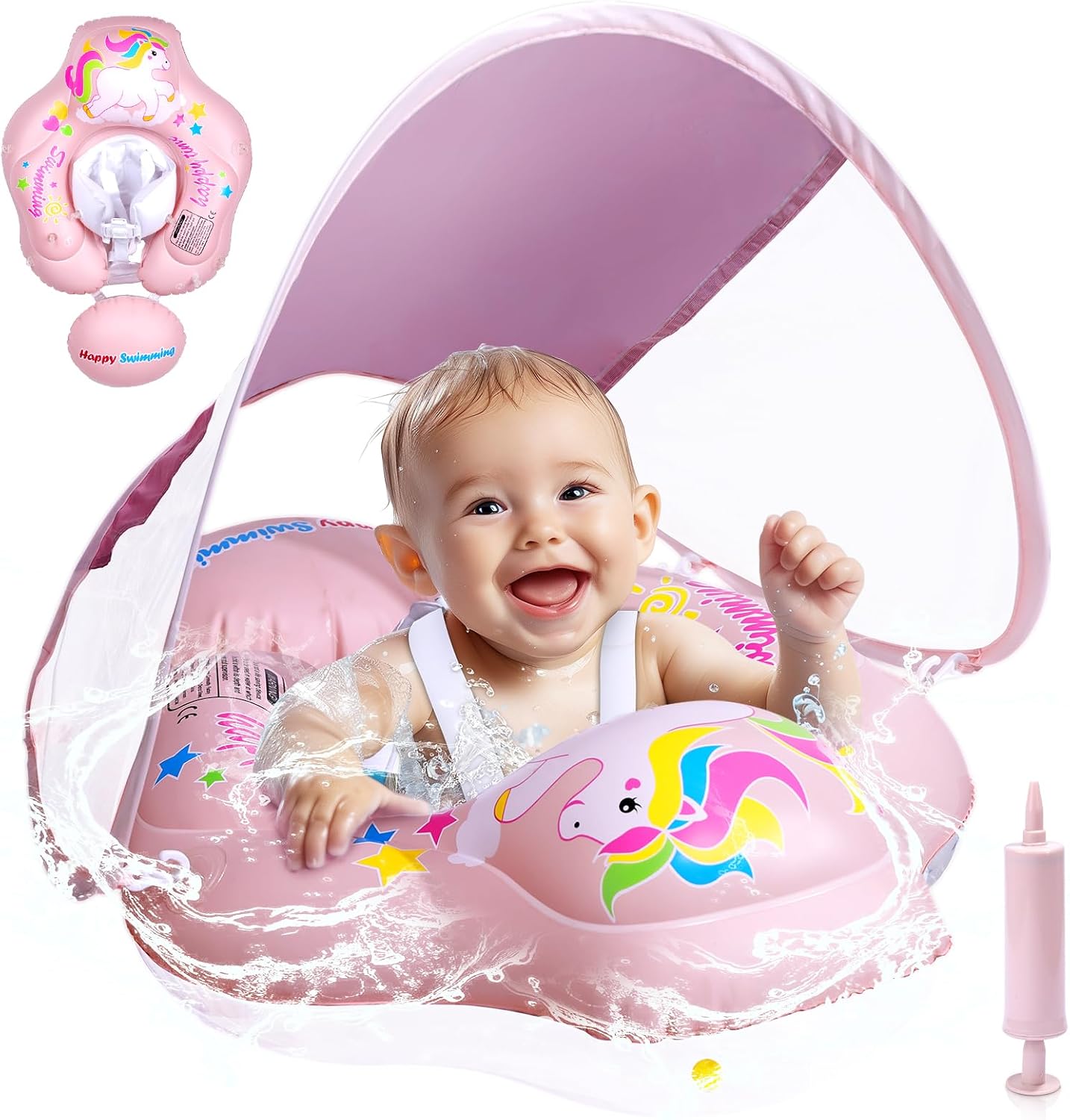 BNEHHOV Flotador para Bebés con Sombrilla con Protección Solar UPF 50+ Anillo de Natación para Bebés de 6 a 36 Meses con Bola de Equilibrio Antivuelco Asiento de Natación Inflable Ajustable - Rosa
