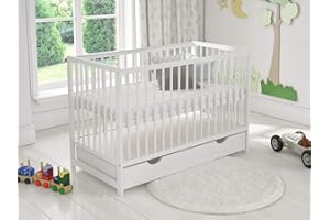 Lit en Bois pour Enfants avec tiroir 120 x 60 cm,Lit Bebe avec Matelas en Mousse,Lit evolutif Bebe + Barrière de sécurité en Bois + Gaine de Protection