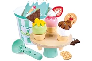 Hape Eiscreme-Set, 3 Bunte Eiskugeln, 3 Soßen und 5 Dessertbeläge, drehbare Eistheke, großer Eisbecher zum Transportieren, ab 24 Monaten