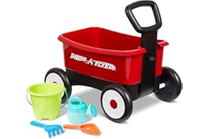 Radio Flyer Push & Pull Walker Wagon with Garden Tools, carretto primi passi spingi e tira 2 in 1 rosso con attrezzi da giardino per bambini da 1 a 4 anni