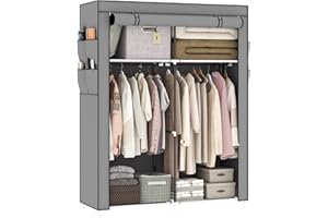OPPAIYA Canvas Wardrobes, Fabric wardrobe With 2 Hanging Rails, 4 Storage areas、8 Side Bags, 165 * 45 * 105cm Temporary wardrobes, Pop up wardrobe, Canvas wardrobes for bedroom - Gray