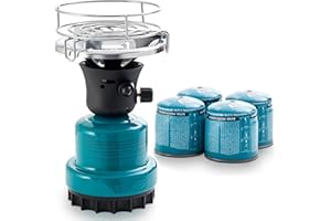TOM Adventure Gas Campingkocher Set mit 4 x Butan Gaskartusche – 1 - flammig – Piezo-Zündung – Kartuschenkocher für Camping, Festivals & Outdoor Aktivitäten oder als Kohleanzünder