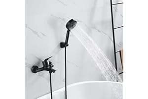 Auralum Grifo de bañera negro con alcachofa de mano, 5 funciones y manguera negra de acero inoxidable de 1,5 m, grifo de bañera con ducha para baño