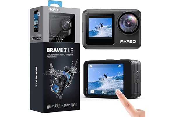 AKASO Brave 7 LE Caméra Sport 4K 30FPS 20MP WiFi, Action Cam 40M avec Écran Tactile IPX7, Caméra Stabilisateur EIS 2.0 avec Double Écran et Télécommande pour le Ski, la Natation, le Surf et la Plongée