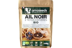 AMOSEEDS Ail Noir Bio, 2 têtes, Gousses entières | Fermenté, Goût doux umami | Qualité Supérieure | 100% Naturel et Biologique