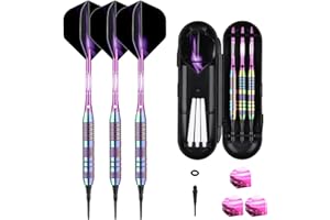 sanfeng Dardos con punta de plástico para diana electrónica, 18 g, 21 g, dardos blandos con mango de aluminio, 6 plumas, 50 puntas de dardo, 50 anillos de goma antisueltos, color lila, azul y negro