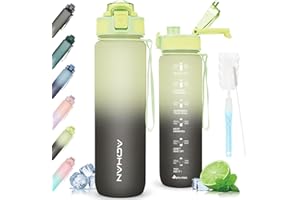 AOHAN Bouteille d'eau en Tritan de 1 L, deux façons de boire, étanche et sans BPA, passe au lave-vaisselle, bouteille d'eau de motivation pour le fitness et les sports de plein air (jaune noir)