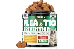 CUDORY Flea and Tick Chews for Cats - 200 Chews Natural Flea Tick Support for Cat All Breeds & Ages - Nourishes Skin & Coat Health- Chicken Flavor Soft Chews