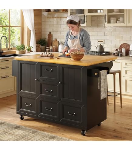 Îlot De Cuisine Mobile Avec Multiprise - Plan Pliable, 2 Tiroirs, 2 Portes - Roulettes Freinées - Noir - Dimensions 151,5x84,7x91,7 Cm
